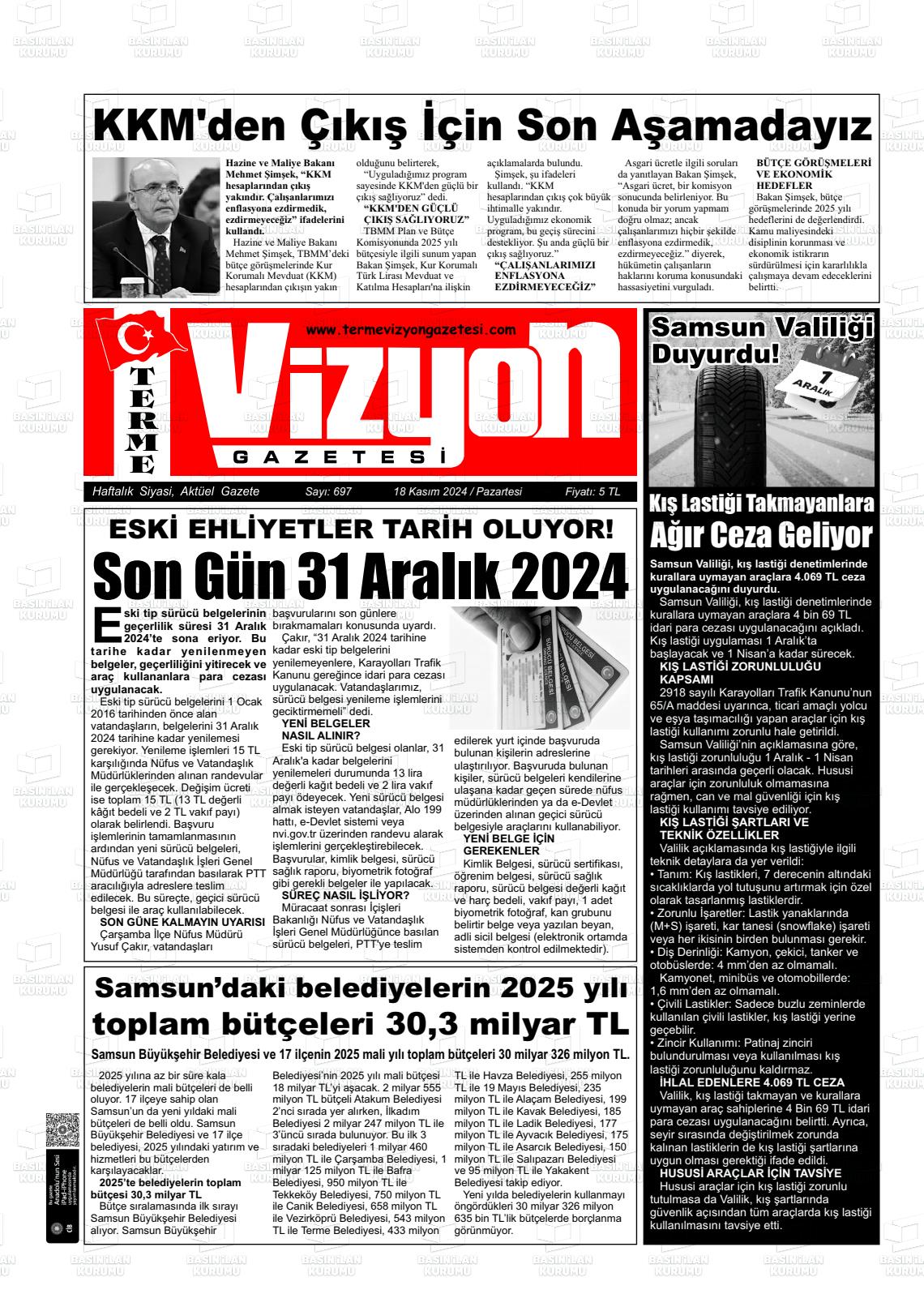 18 Kasım 2024 Terme Vizyon Gazete Manşeti