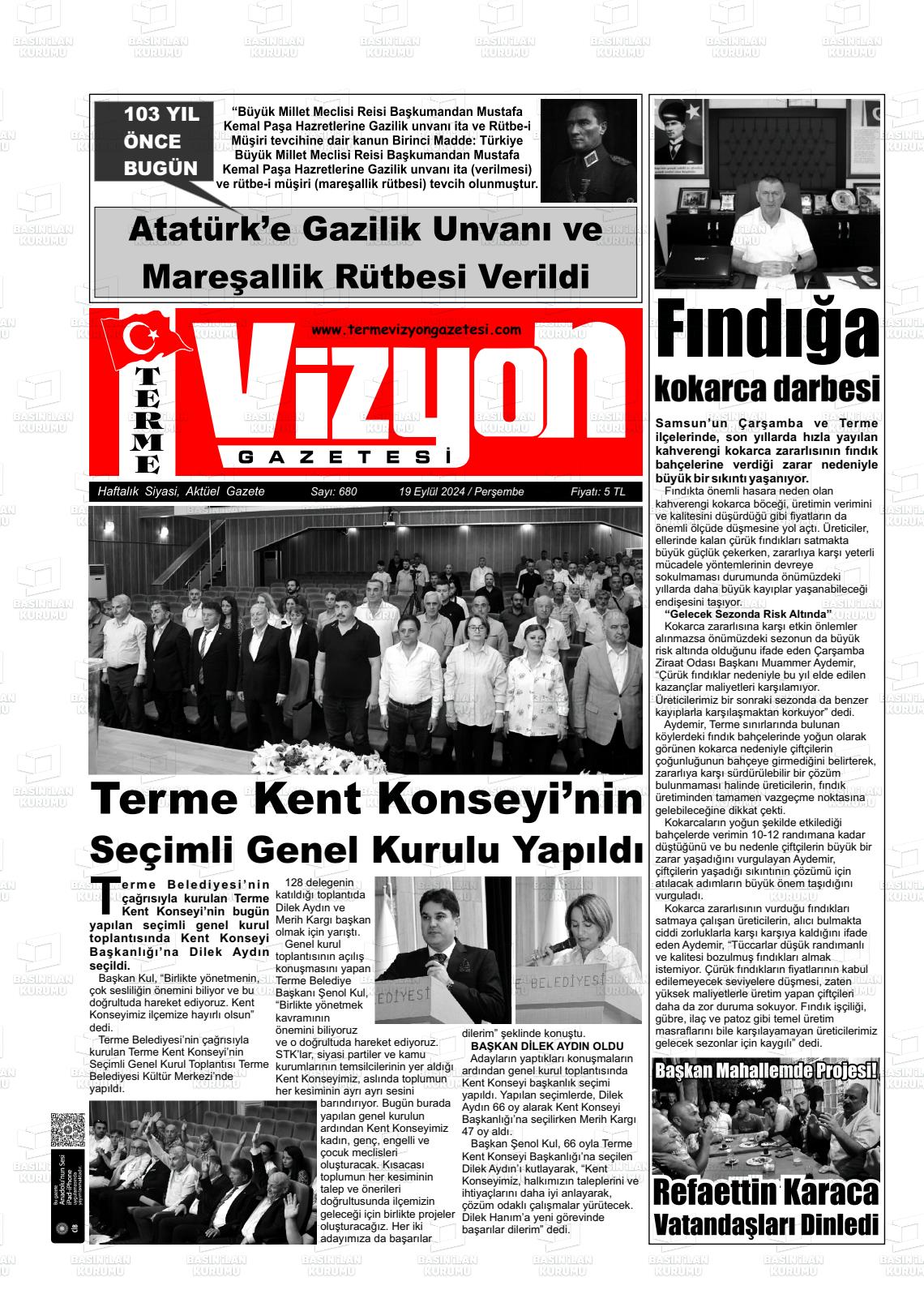 19 Eylül 2024 Terme Vizyon Gazete Manşeti