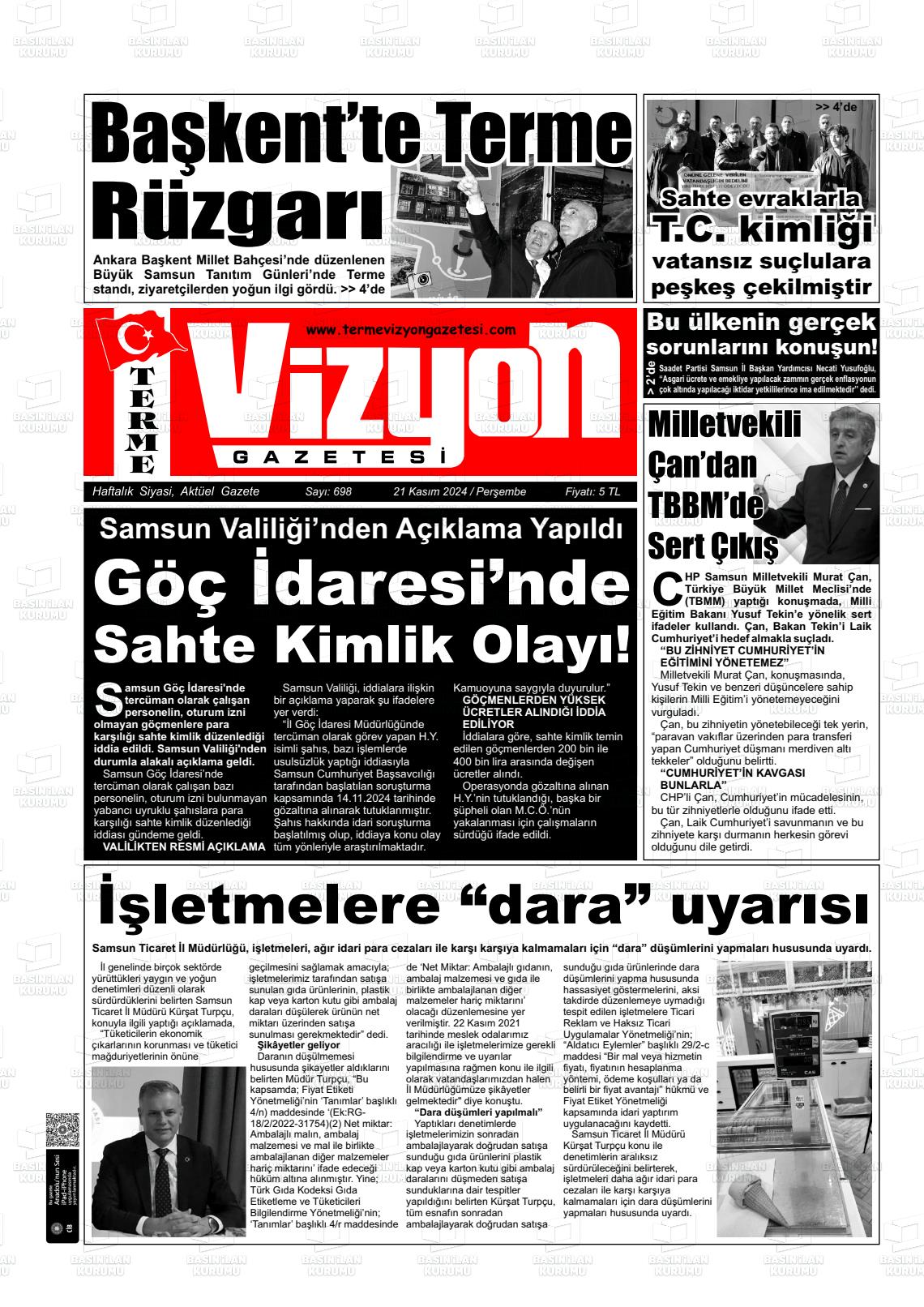 21 Kasım 2024 Terme Vizyon Gazete Manşeti