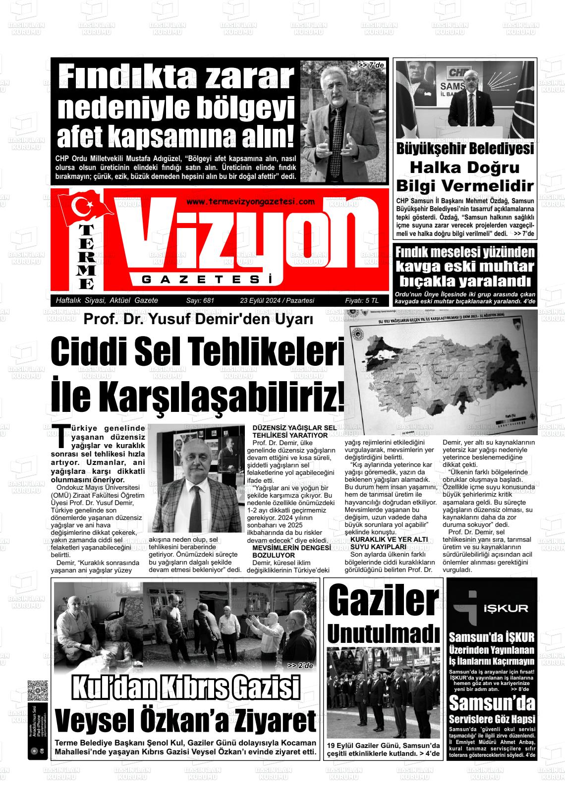 23 Eylül 2024 Terme Vizyon Gazete Manşeti