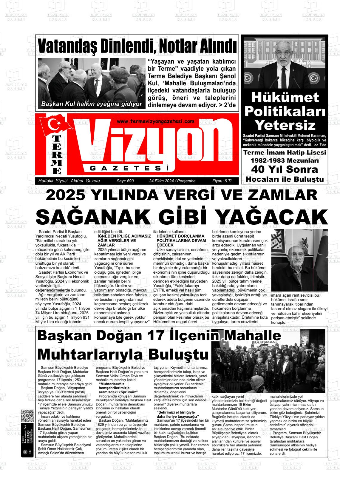 24 Ekim 2024 Terme Vizyon Gazete Manşeti