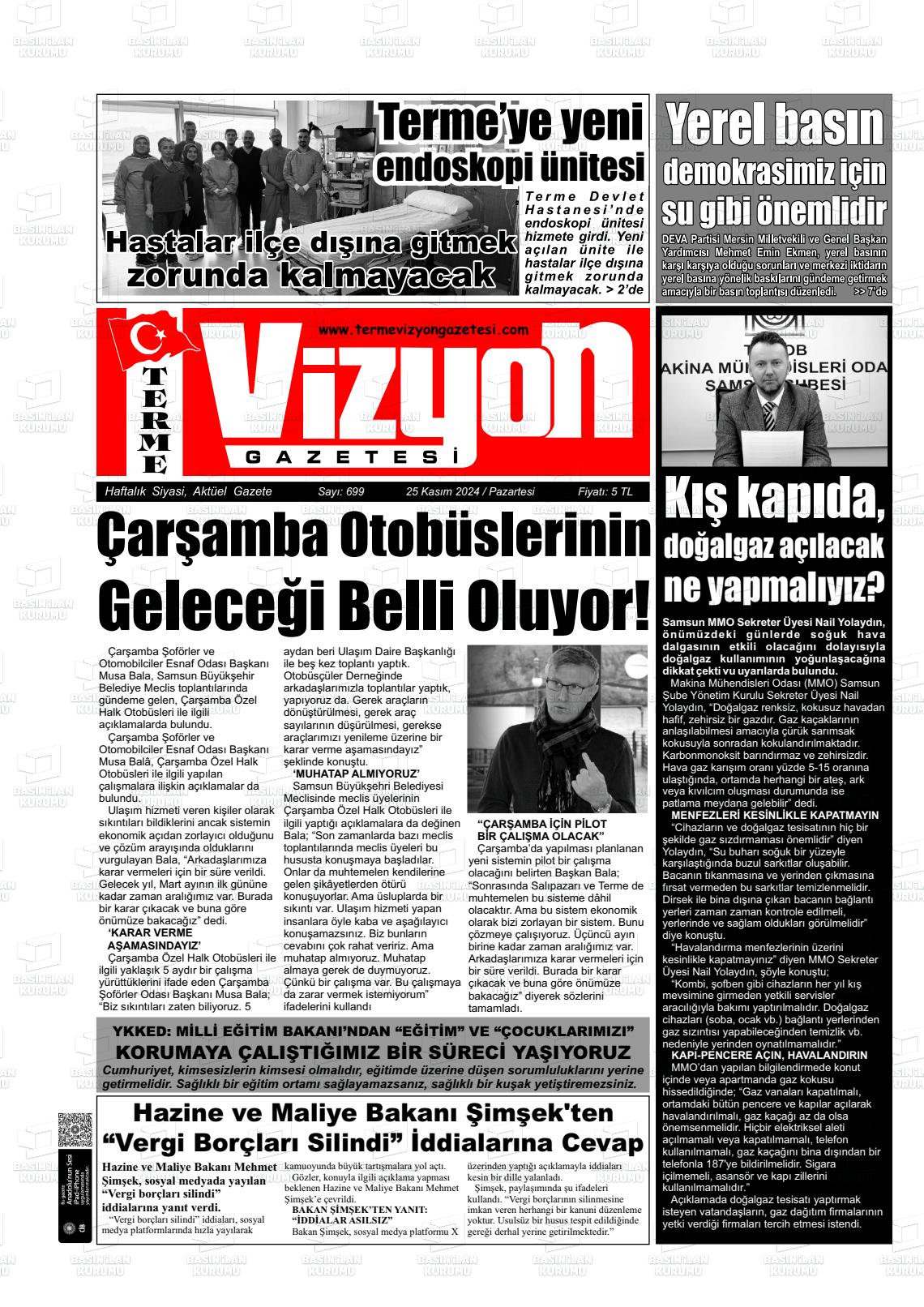 25 Kasım 2024 Terme Vizyon Gazete Manşeti