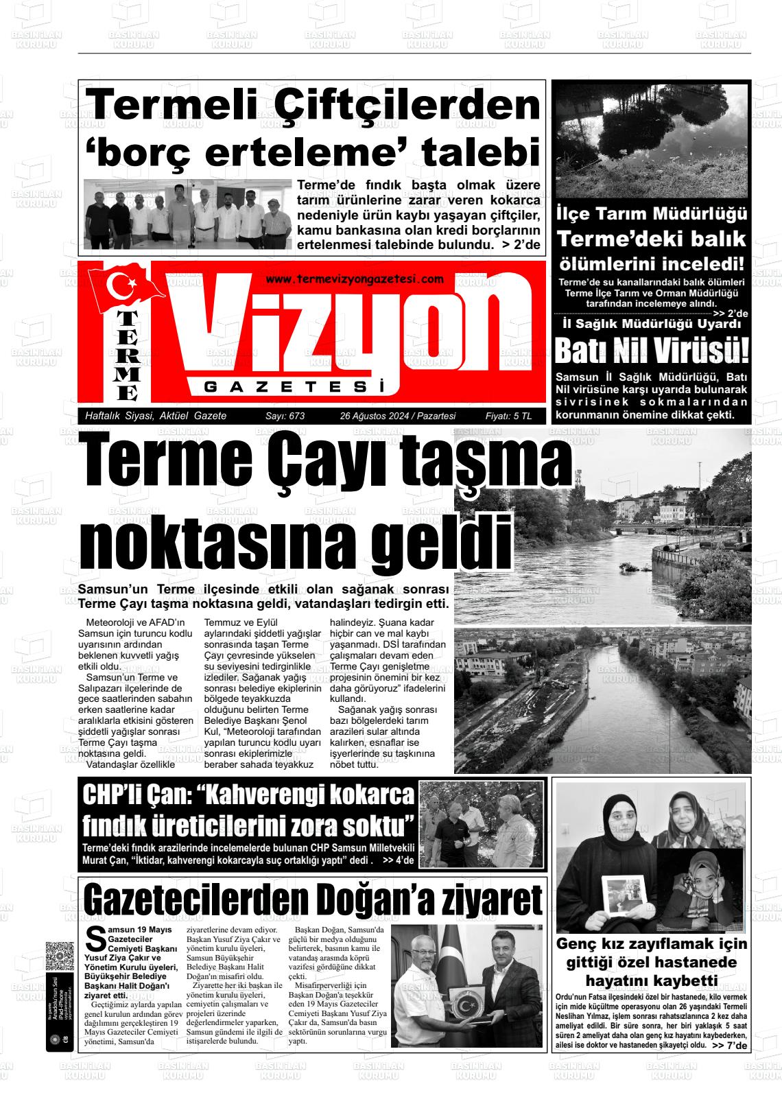 26 Ağustos 2024 Terme Vizyon Gazete Manşeti