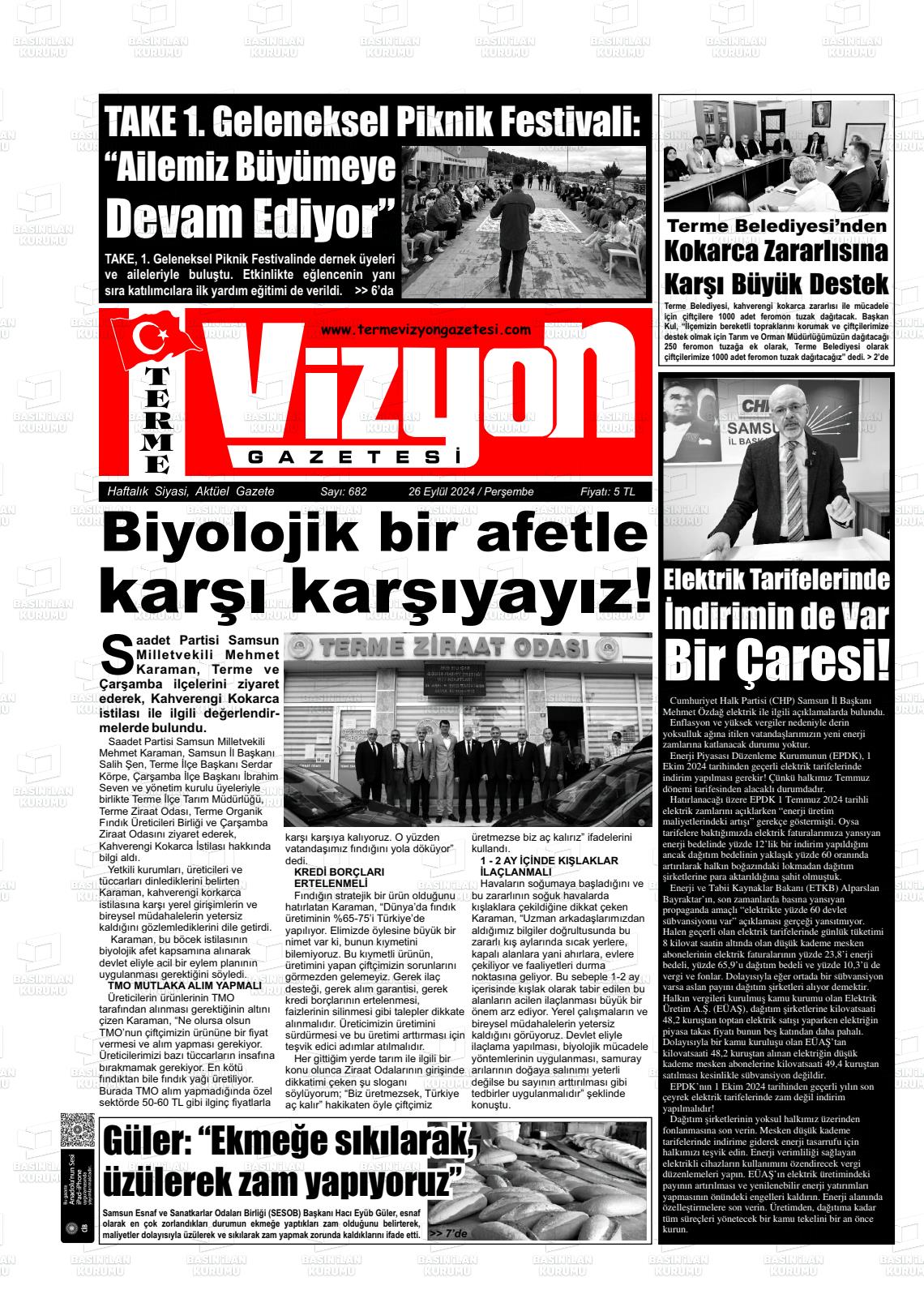 26 Eylül 2024 Terme Vizyon Gazete Manşeti