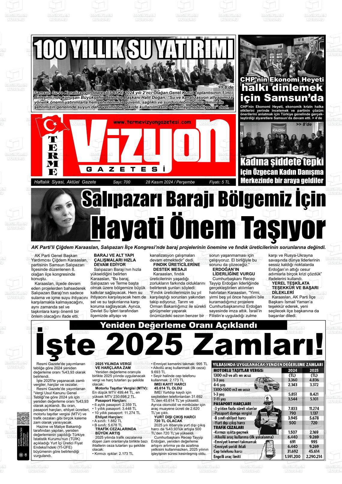 02 Aralık 2024 Terme Vizyon Gazete Manşeti