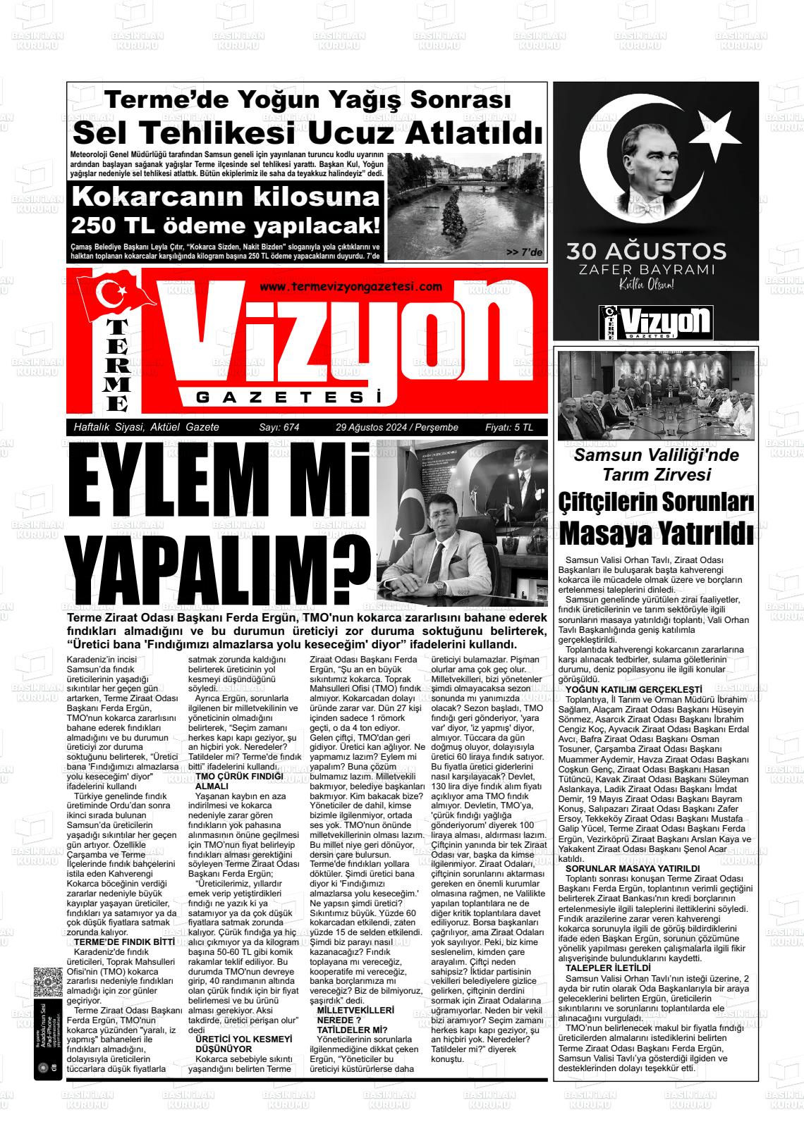 29 Ağustos 2024 Terme Vizyon Gazete Manşeti