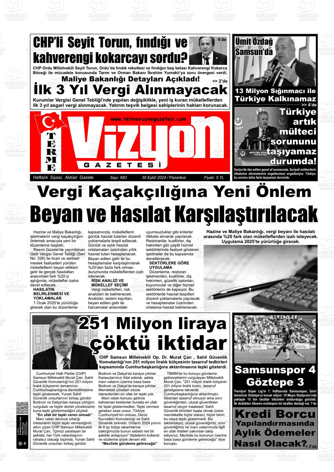 30 Eylül 2024 Terme Vizyon Gazete Manşeti