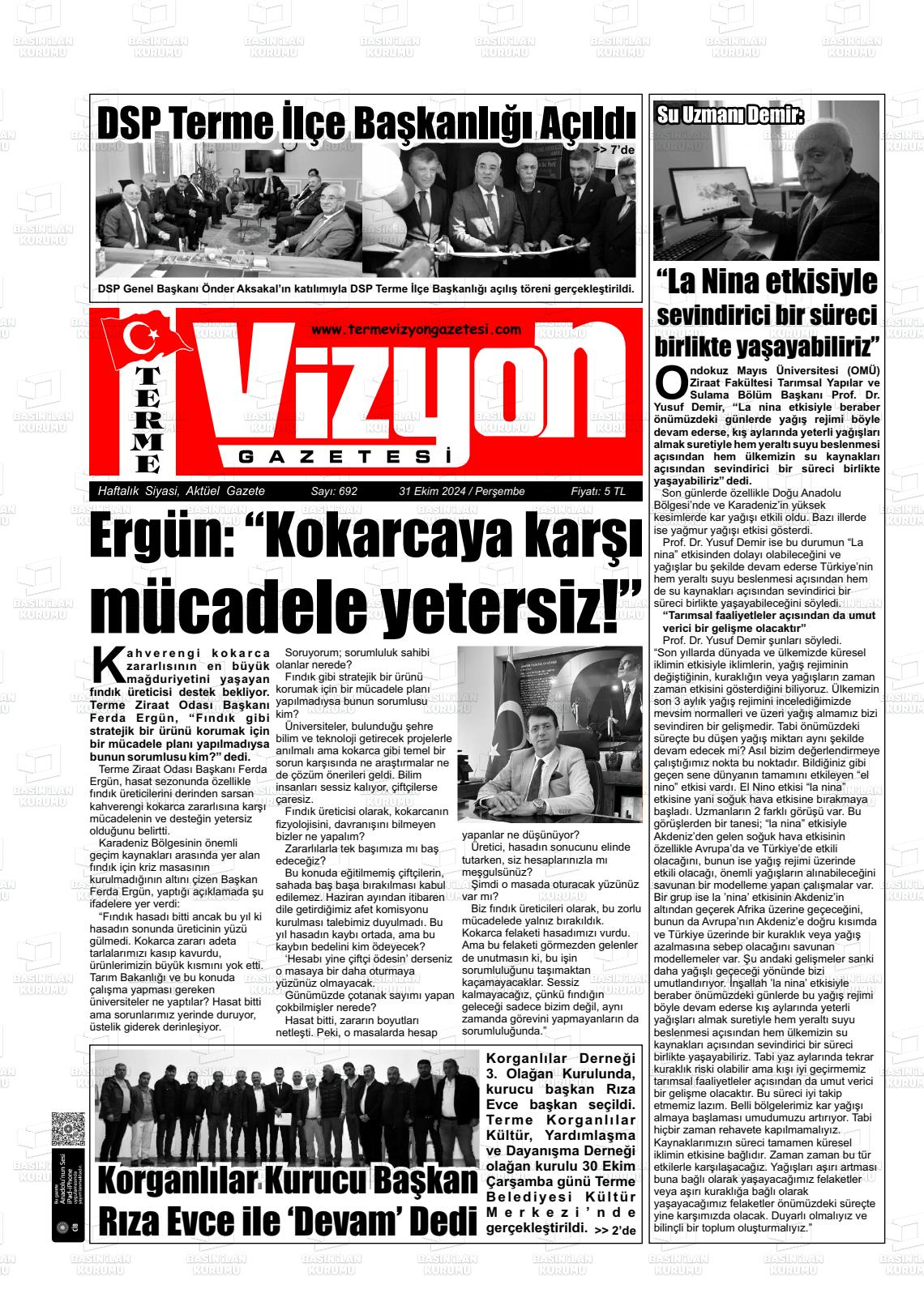 31 Ekim 2024 Terme Vizyon Gazete Manşeti