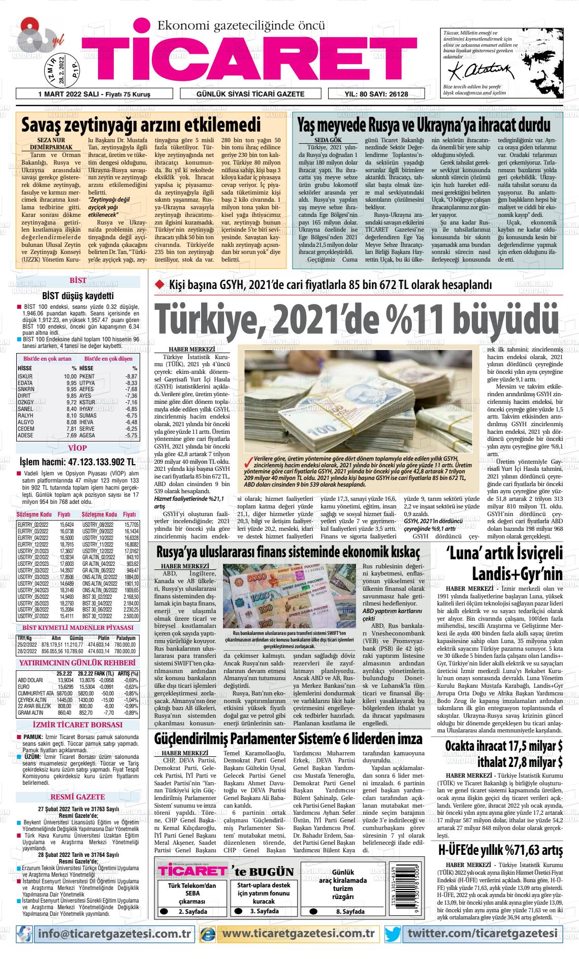 01 Mart 2022 Ticaret Gazete Manşeti