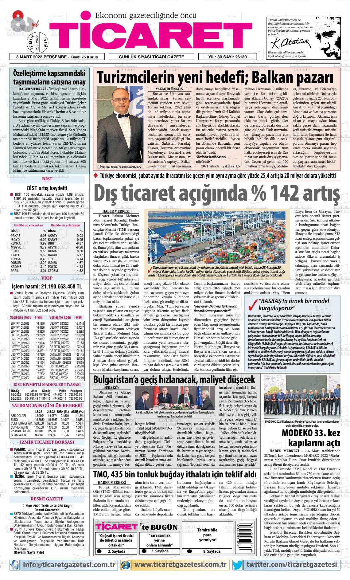 03 Mart 2022 Ticaret Gazete Manşeti