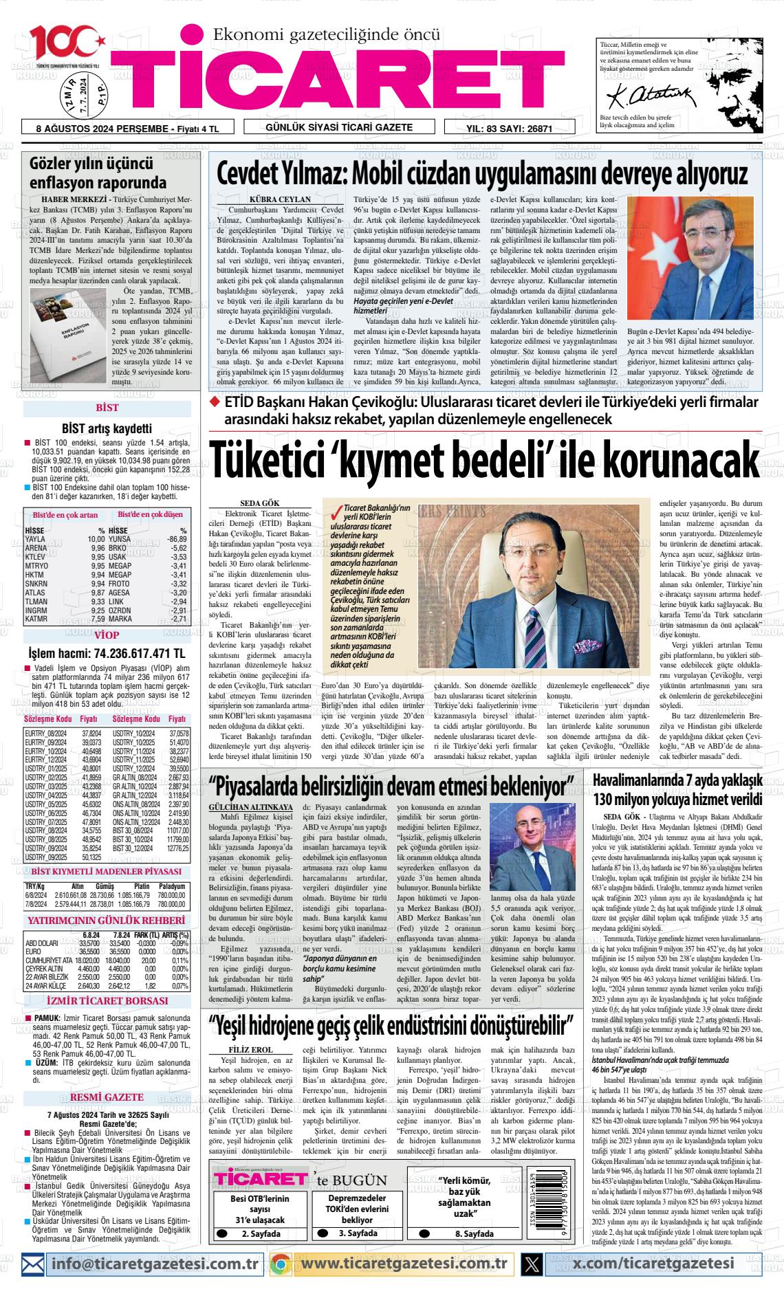 08 Ağustos 2024 Ticaret Gazete Manşeti