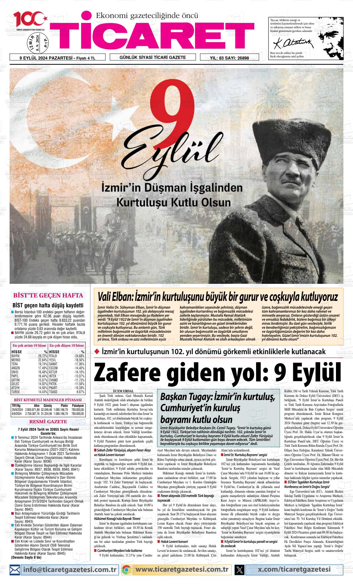 09 Eylül 2024 Ticaret Gazete Manşeti