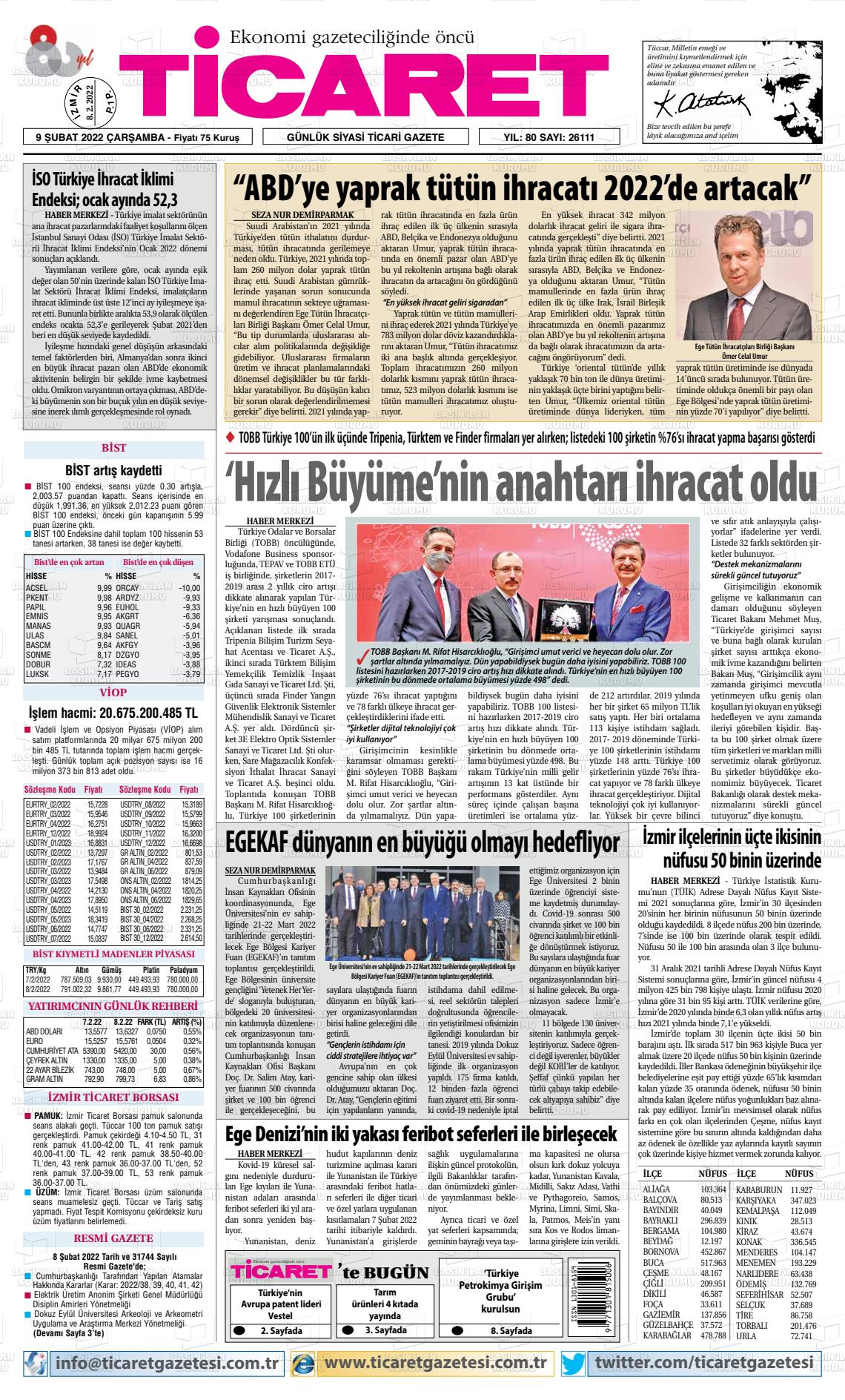 09 Şubat 2022 Ticaret Gazete Manşeti