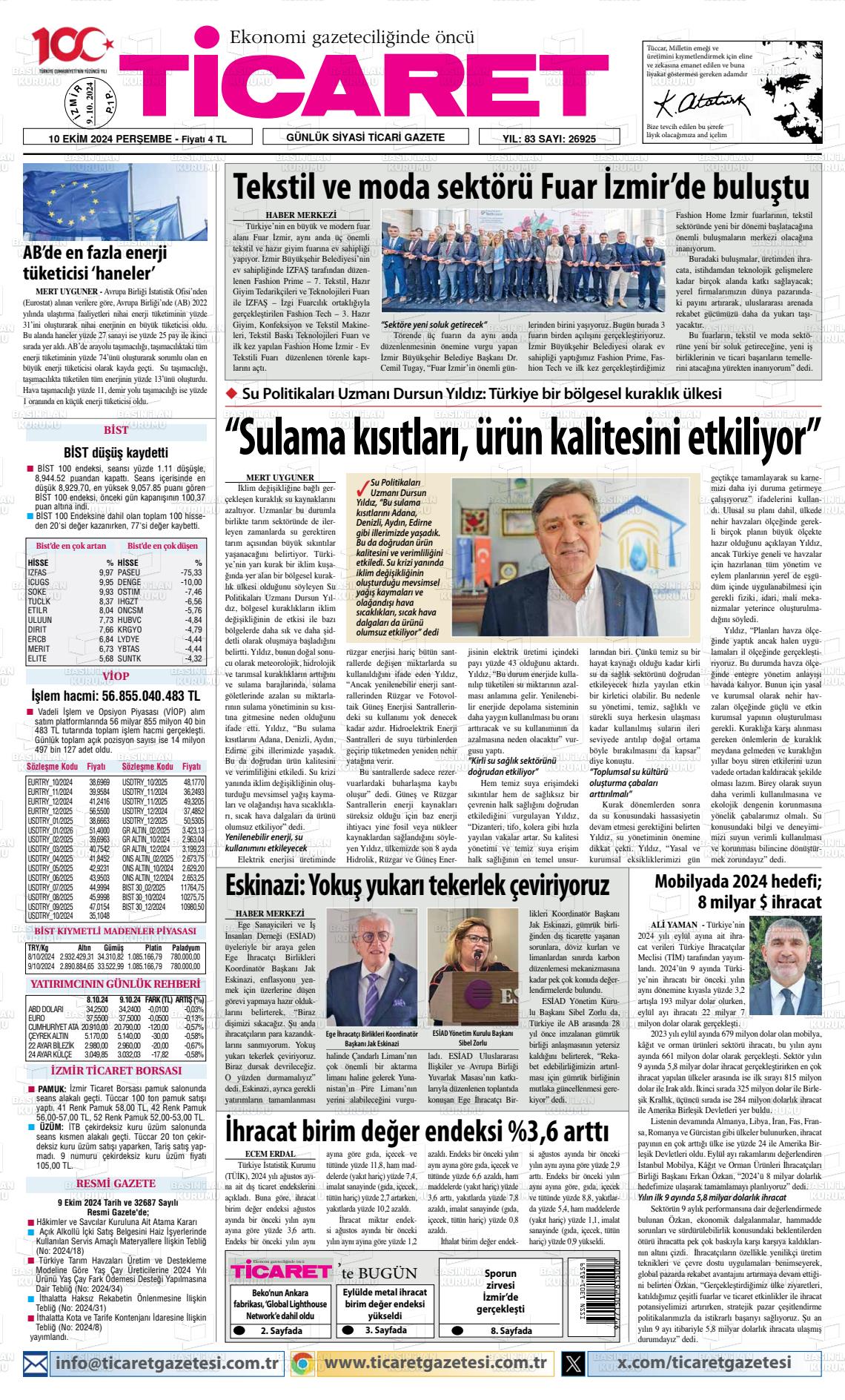 10 Ekim 2024 Ticaret Gazete Manşeti