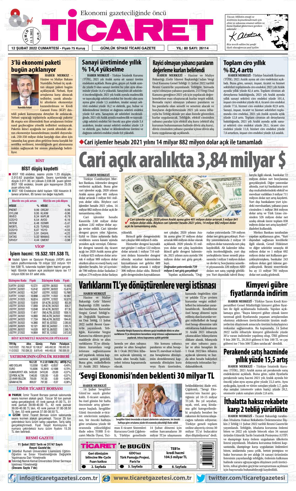 12 Şubat 2022 Ticaret Gazete Manşeti