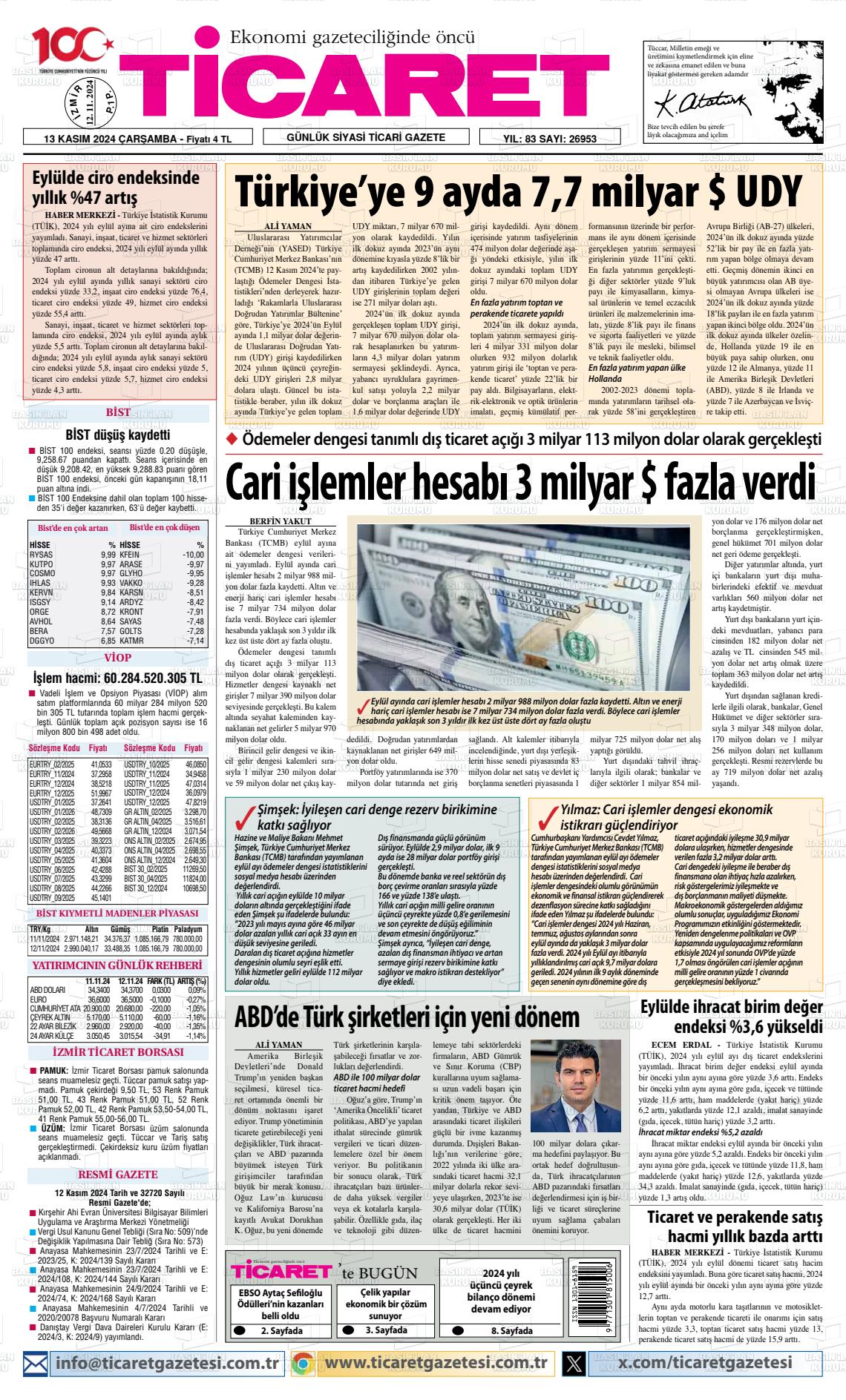 13 Kasım 2024 Ticaret Gazete Manşeti