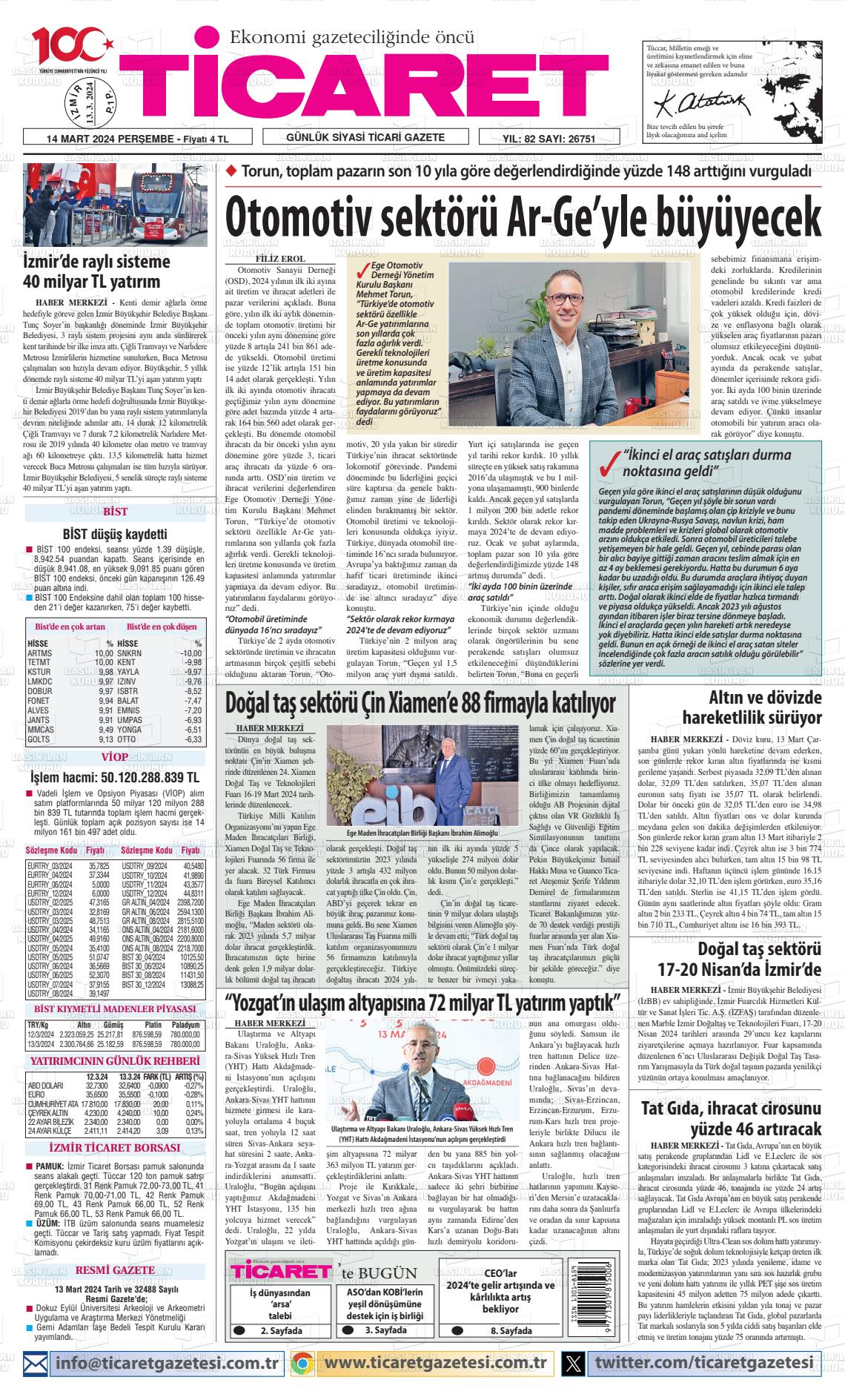 14 Mart 2024 Ticaret Gazete Manşeti