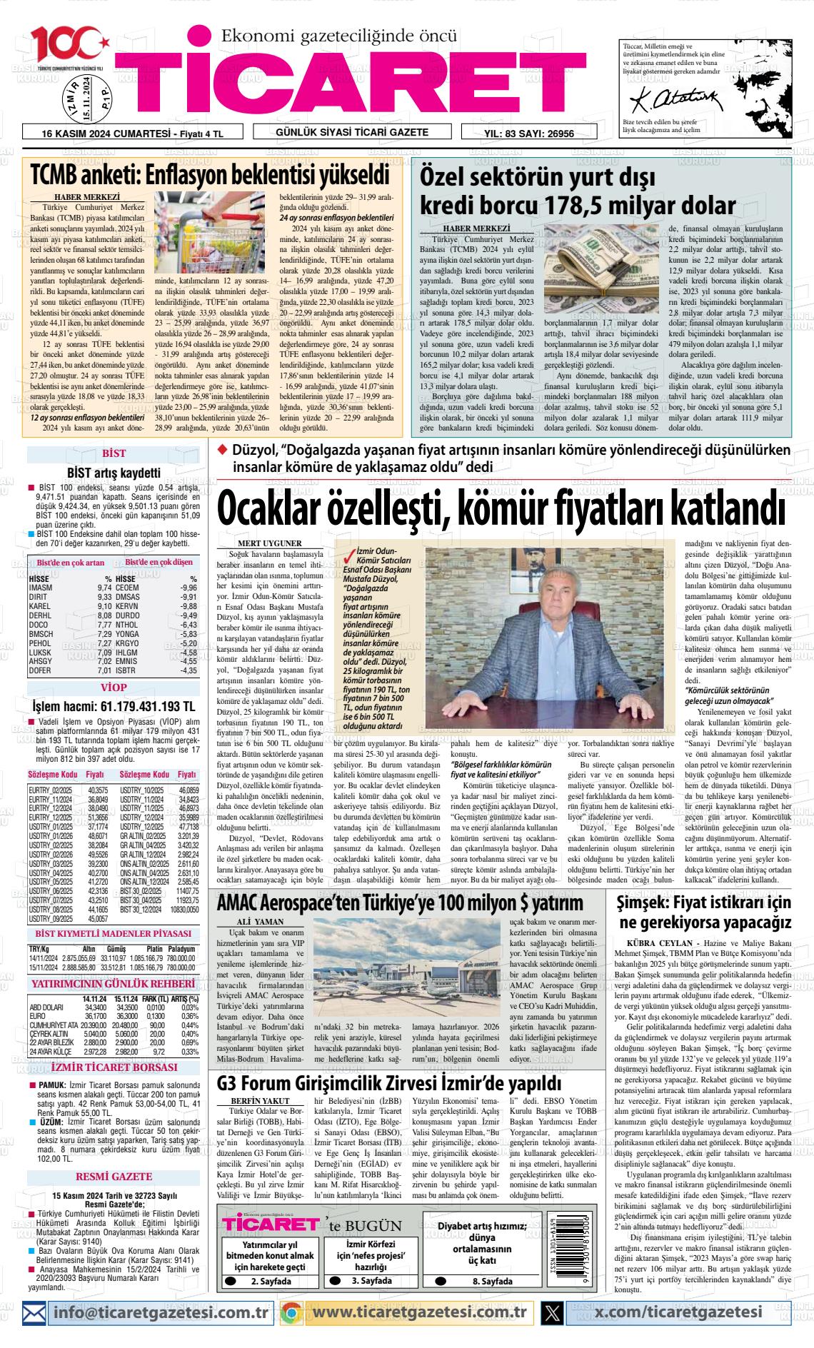 16 Kasım 2024 Ticaret Gazete Manşeti