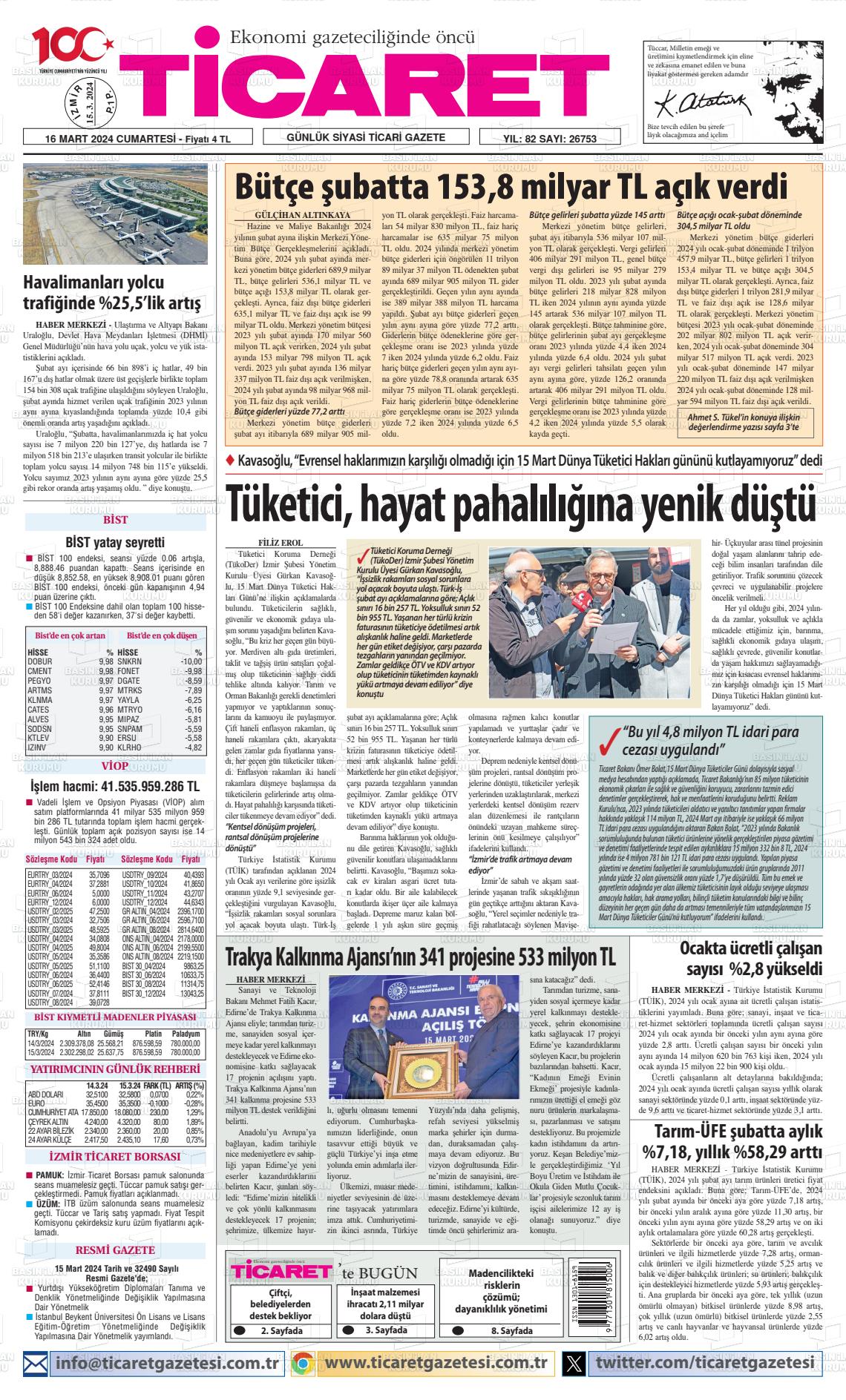 16 Mart 2024 Ticaret Gazete Manşeti