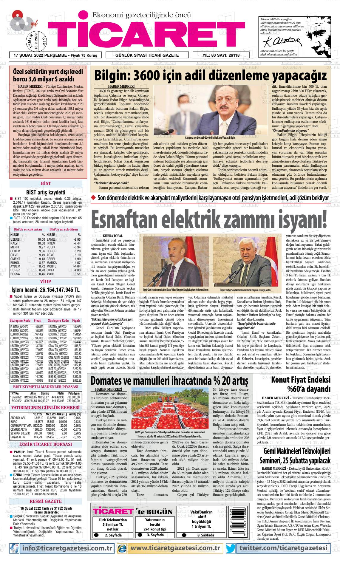 17 Şubat 2022 Ticaret Gazete Manşeti