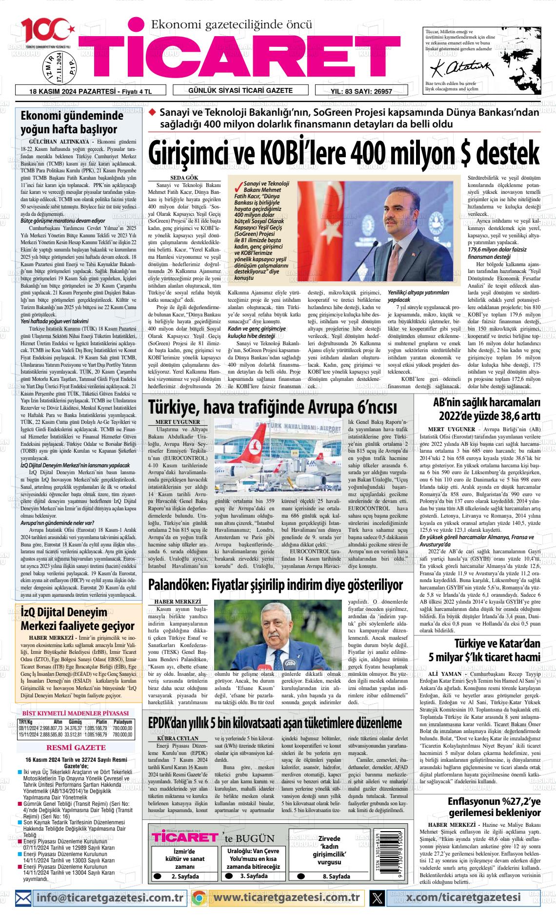 18 Kasım 2024 Ticaret Gazete Manşeti