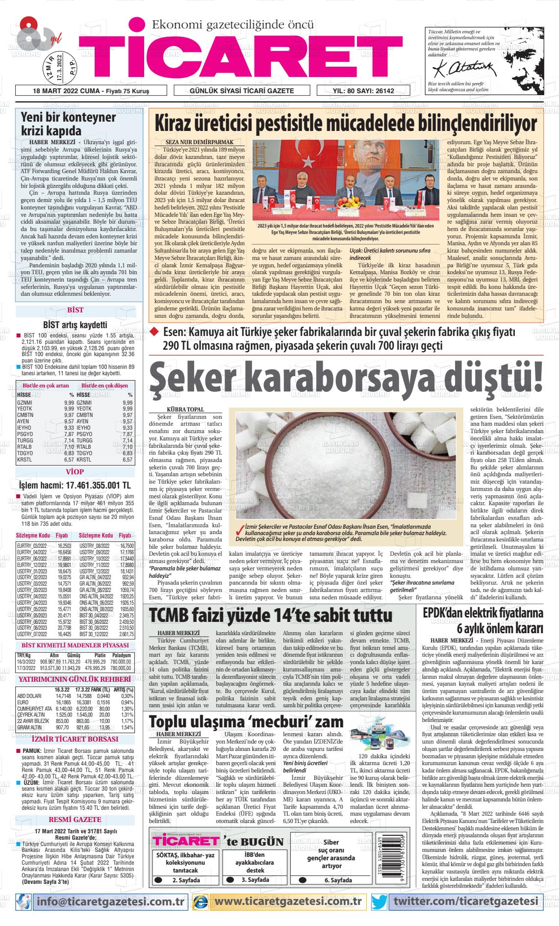 18 Mart 2022 Ticaret Gazete Manşeti