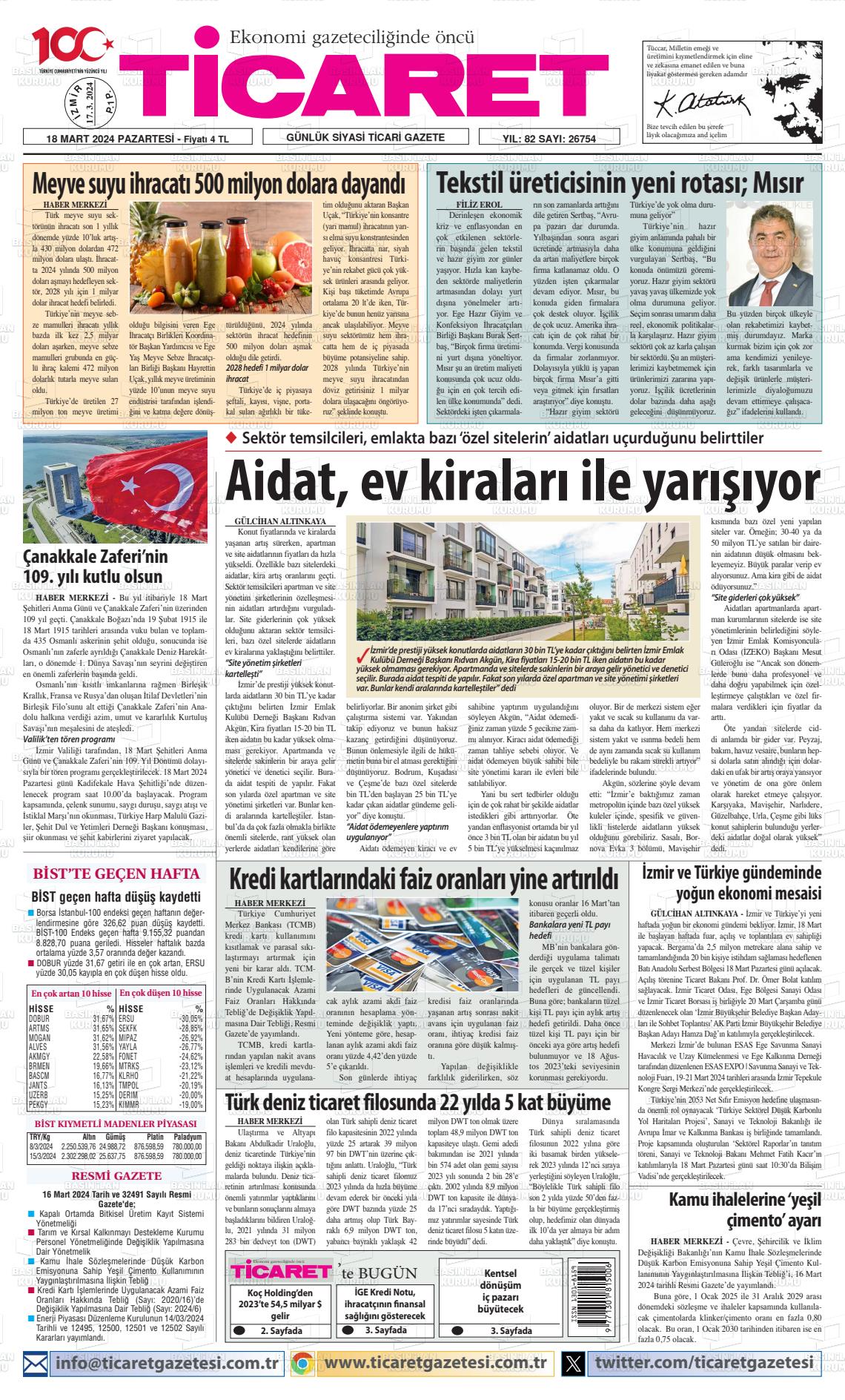 18 Mart 2024 Ticaret Gazete Manşeti