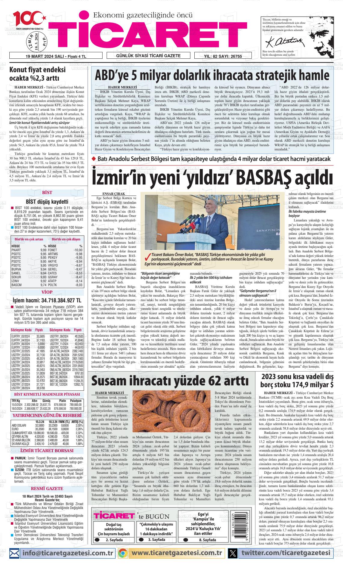 19 Mart 2024 Ticaret Gazete Manşeti