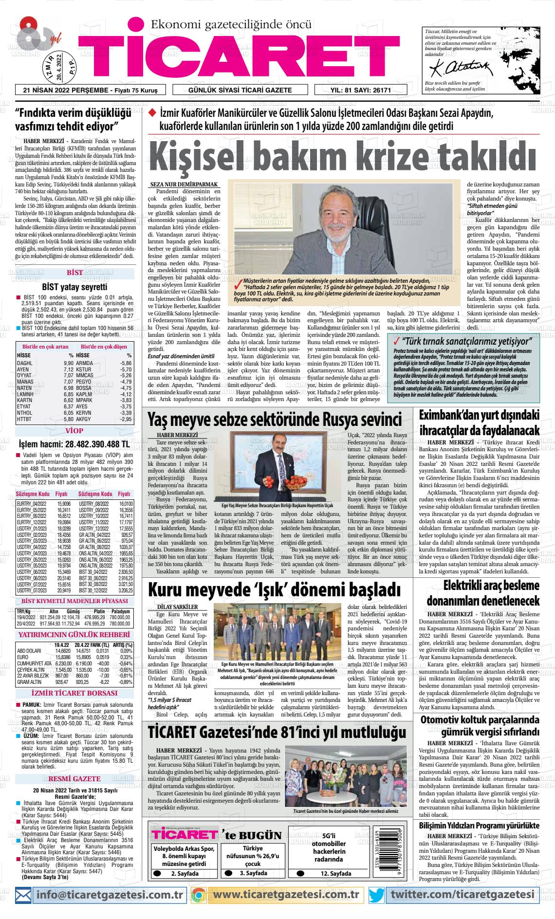 21 Nisan 2022 Ticaret Gazete Manşeti