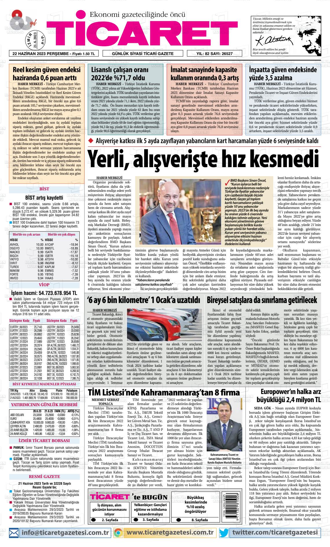 22 Haziran 2023 Ticaret Gazete Manşeti