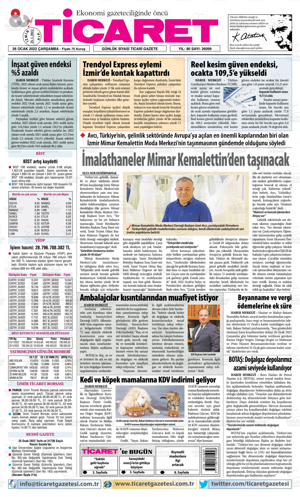 26 Ocak 2022 Ticaret Gazete Manşeti