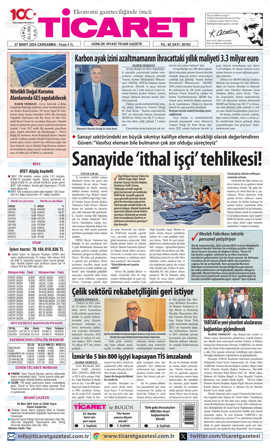 27 Mart 2024 Ticaret Gazete Manşeti