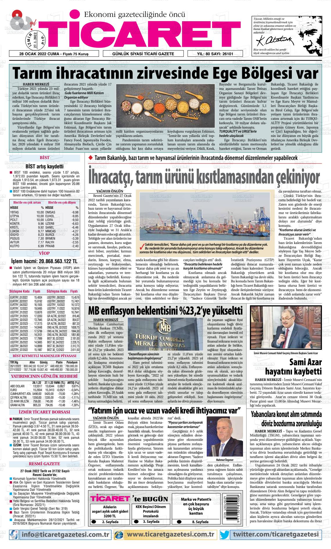 28 Ocak 2022 Ticaret Gazete Manşeti