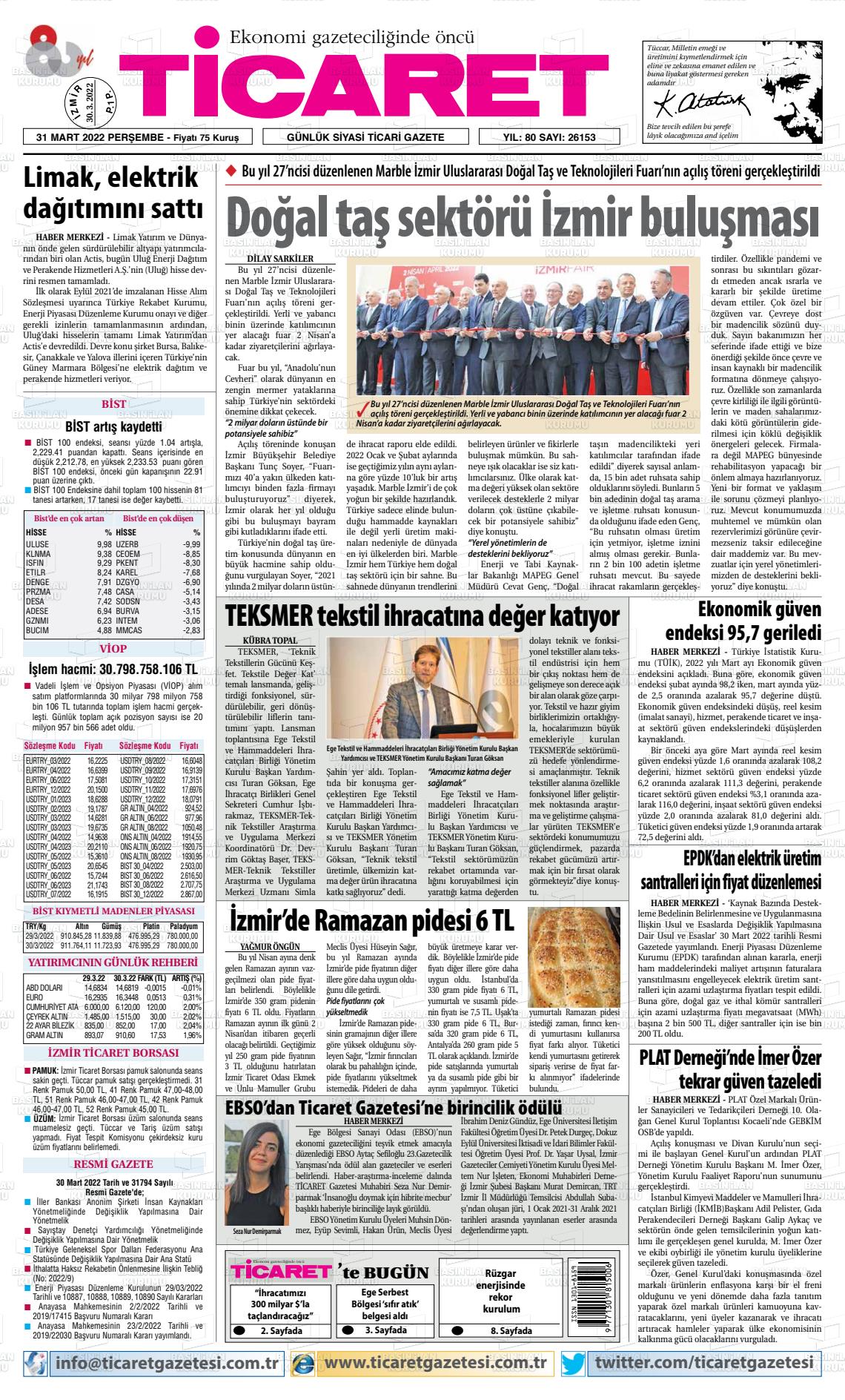 31 Mart 2022 Ticaret Gazete Manşeti