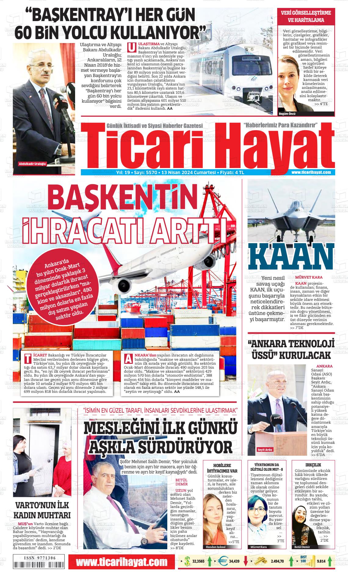 13 Nisan 2024 Ticari Hayat Gazete Manşeti