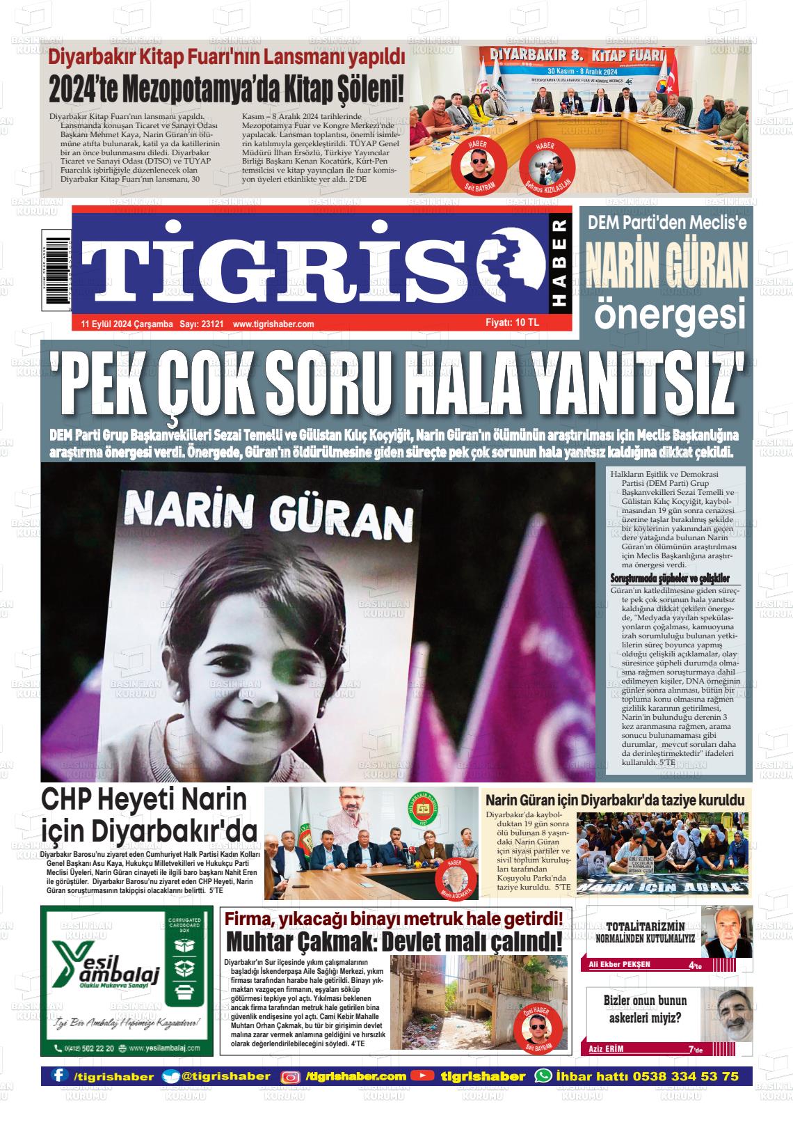 11 Eylül 2024 Tigris Haber Gazete Manşeti