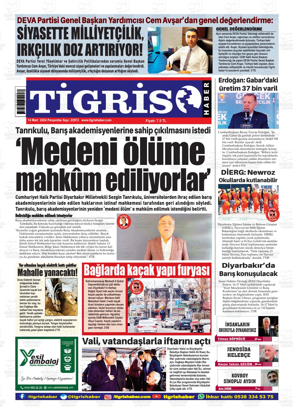 14 Mart 2024 Tigris Haber Gazete Manşeti