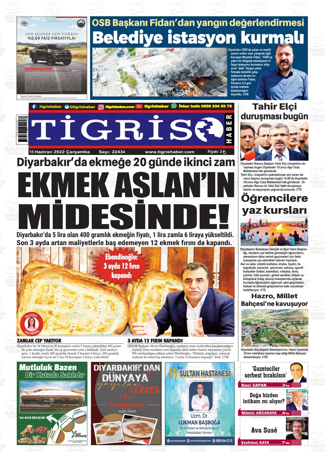 15 Haziran 2022 Tigris Haber Gazete Manşeti