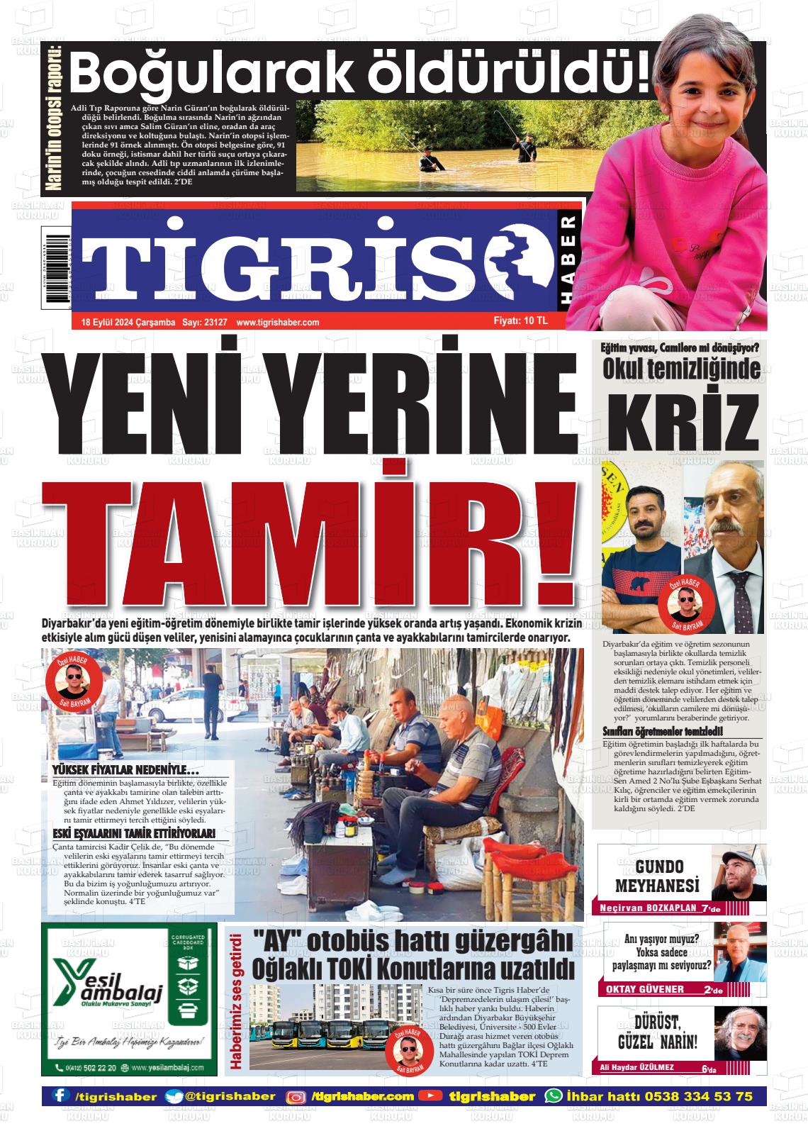 18 Eylül 2024 Tigris Haber Gazete Manşeti