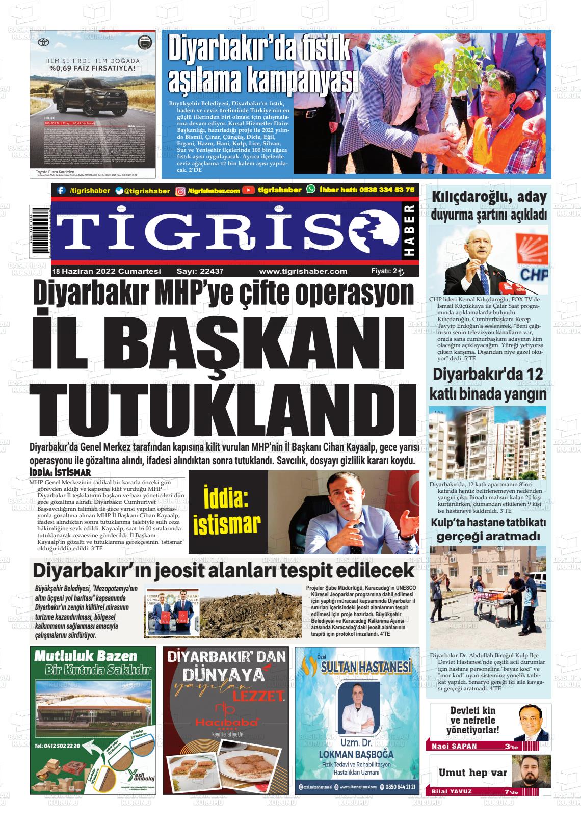 18 Haziran 2022 Tigris Haber Gazete Manşeti