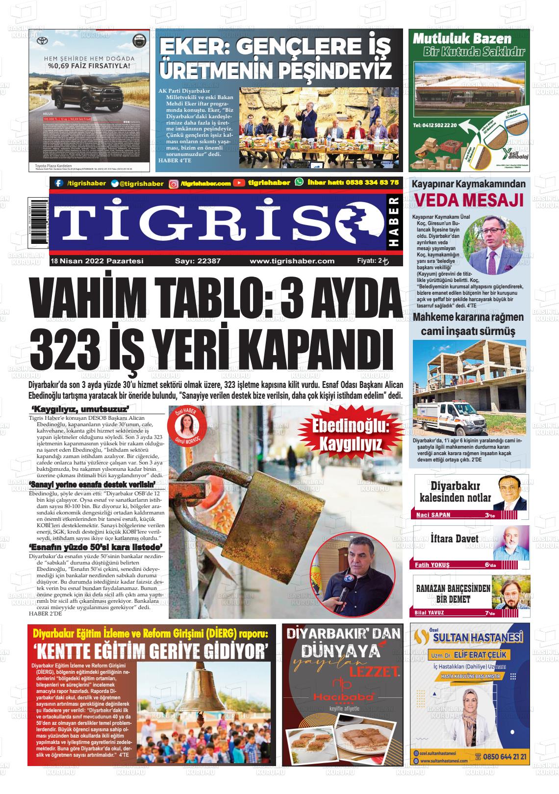 18 Nisan 2022 Tigris Haber Gazete Manşeti