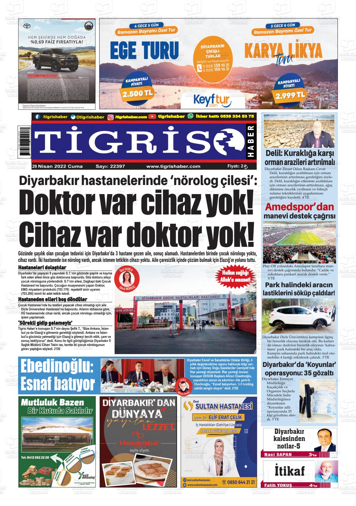 29 Nisan 2022 Tigris Haber Gazete Manşeti