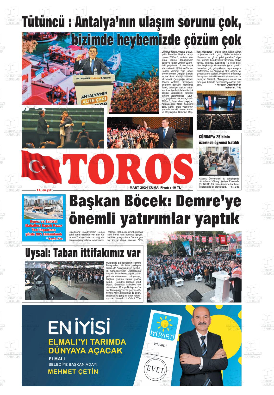 01 Mart 2024 Antalya Toros Gazete Manşeti