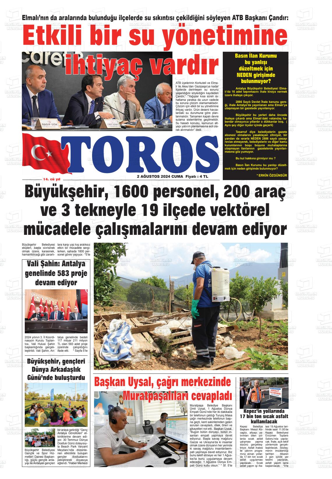 02 Ağustos 2024 Antalya Toros Gazete Manşeti