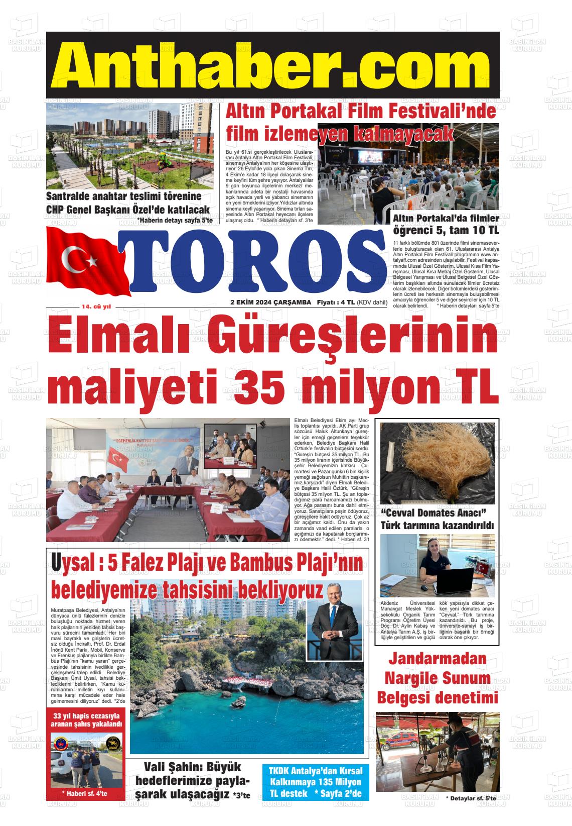 02 Ekim 2024 Antalya Toros Gazete Manşeti