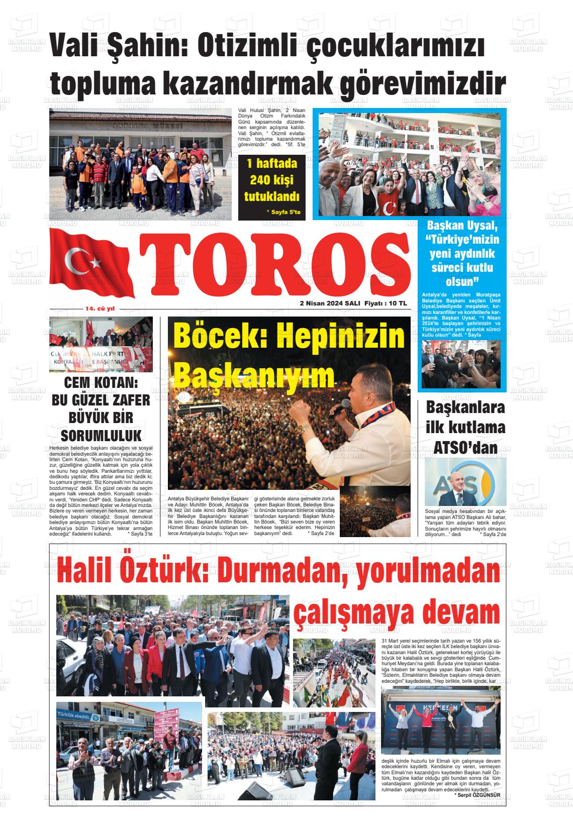 02 Nisan 2024 Antalya Toros Gazete Manşeti