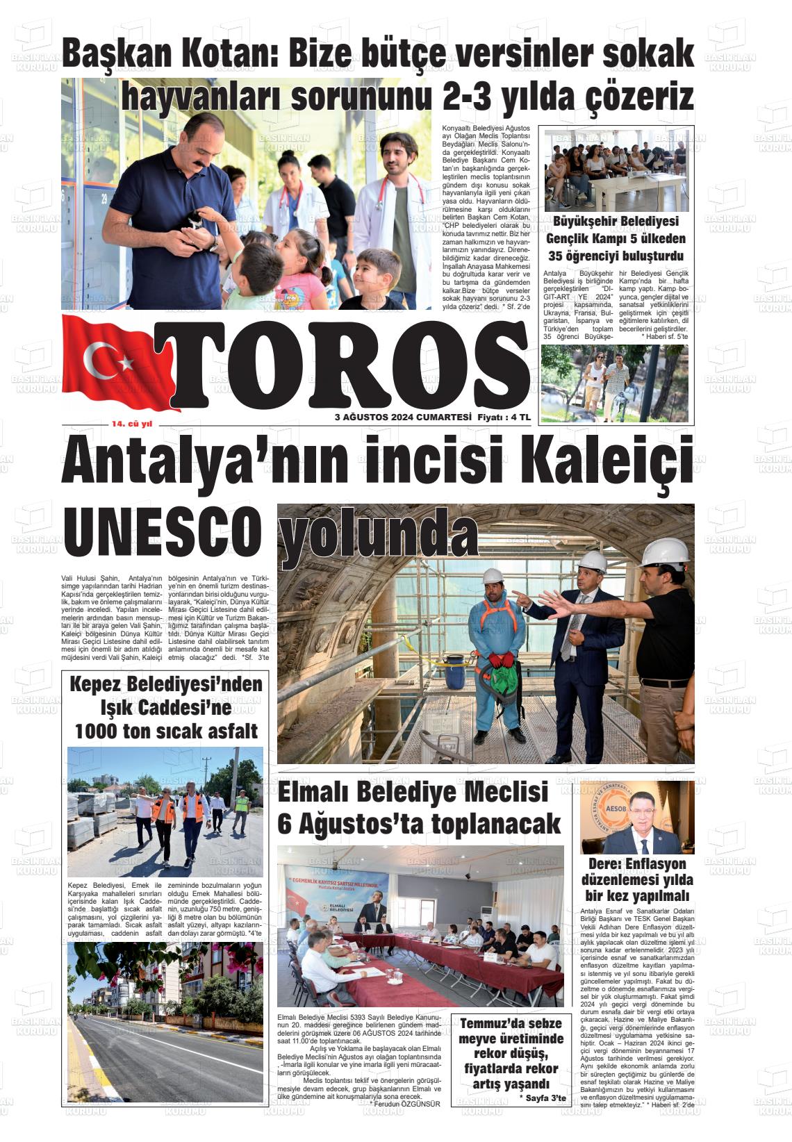 03 Ağustos 2024 Antalya Toros Gazete Manşeti