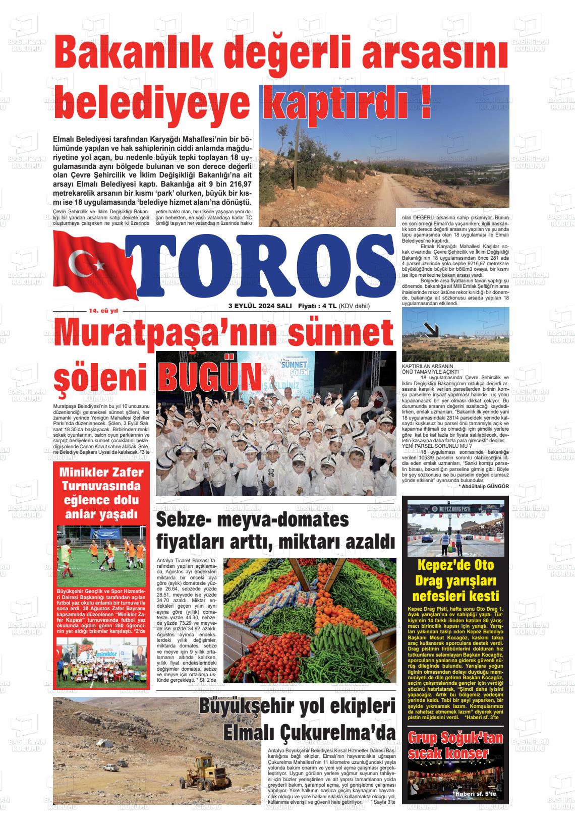 03 Eylül 2024 Antalya Toros Gazete Manşeti