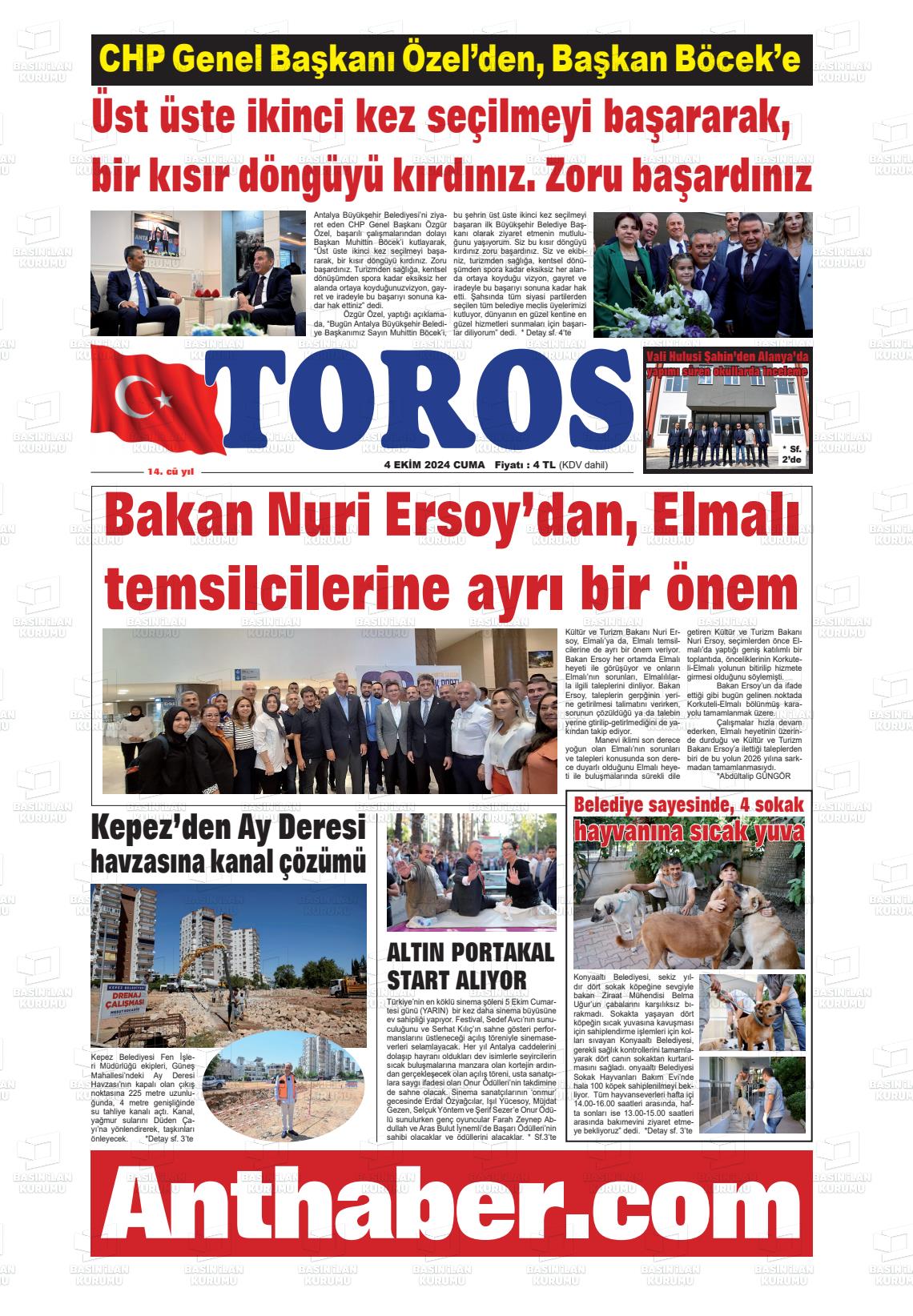 04 Ekim 2024 Antalya Toros Gazete Manşeti