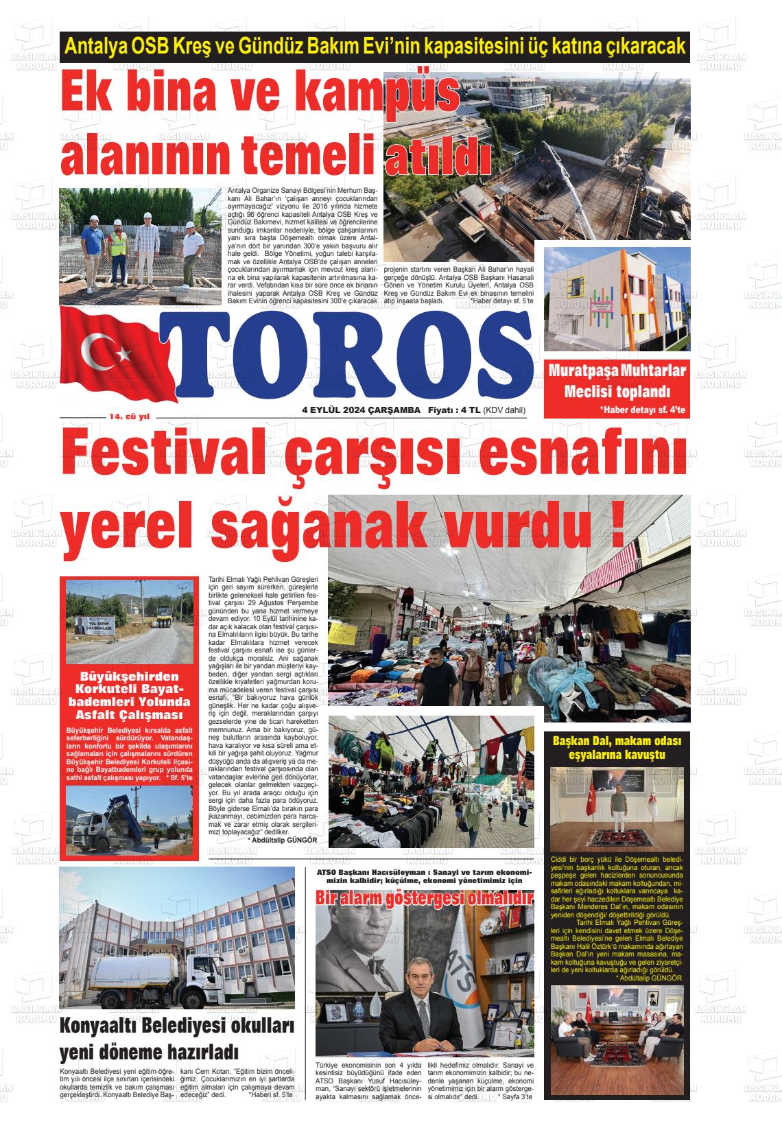 04 Eylül 2024 Antalya Toros Gazete Manşeti